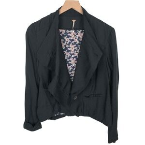 Free People Black Asymmetrical Draped Blazer Jacket Floral Lined Size 10